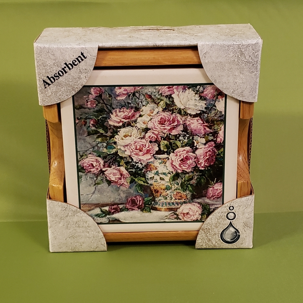 AbsorbaStone Absorbent Stone Coaster Set - Floral - 4 Coasters in Holder